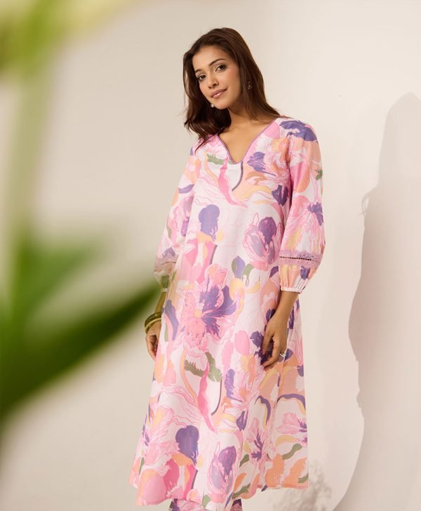 Pink Printed Cotton Kurta with Pants- Set of 2 - Mist Flora