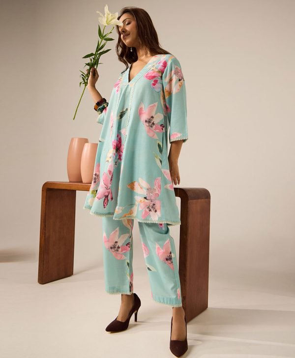 Mint Green Printed Cotton Kurta with Pants- Set of 2 - Mist Flora
