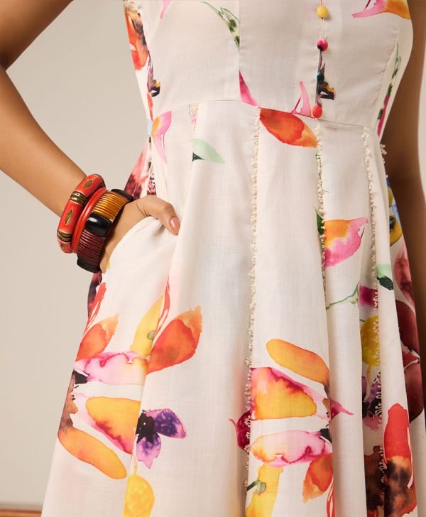 Off White Printed Cotton Dress - Mist Flora