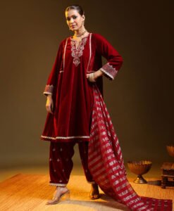 Moonlight Velvet Embroided Suit Set with Golden Dori And Striped Dupatta