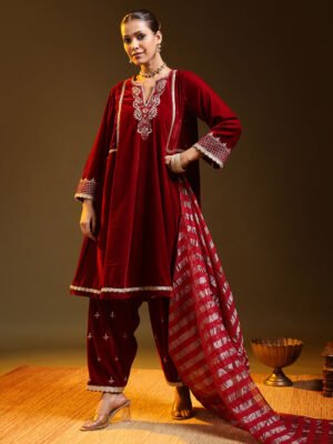 Deep Red Embroidered Kurta Set with Striped Dupatta