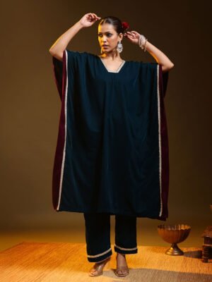 Deep Teal Kaftan with Contrast Border Detailing