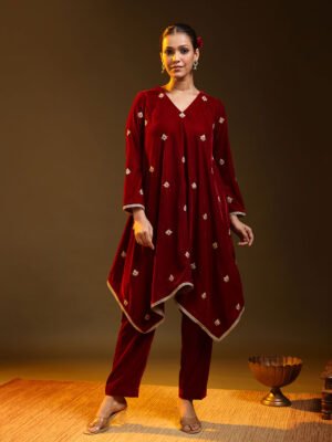 Wine Red Hand Embroidered Kurta Set with Gold Edge Detail