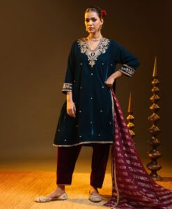 Midnight Teal Velvet Embroided Kurta With Contrast Jewel Tone Bottom