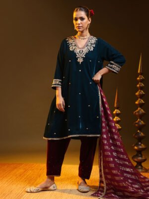 Teal Embroidered Kurta Set with Contrast Pants