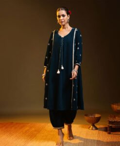 Midnight Teal Velvet Embroided Suit Set With Tassel Detailing