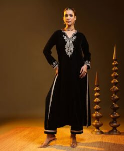 Noir Black Velvet long kurta with contrast pants and striped dupatta