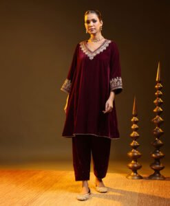 Plum Orchid Embraided Suit set with contrast striped dupatta