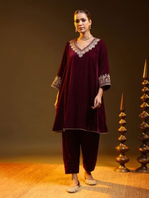 Wine Embroidered Kurta Set with Relaxed Pants