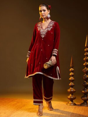 Deep Maroon Embroidered Kurta Set with Coordinated Pants