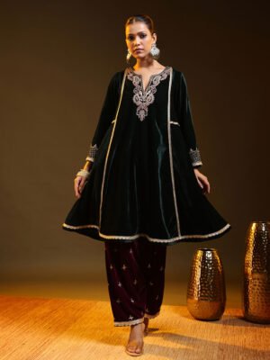Deep Green Embroidered Kurta Set with Patterned Pants